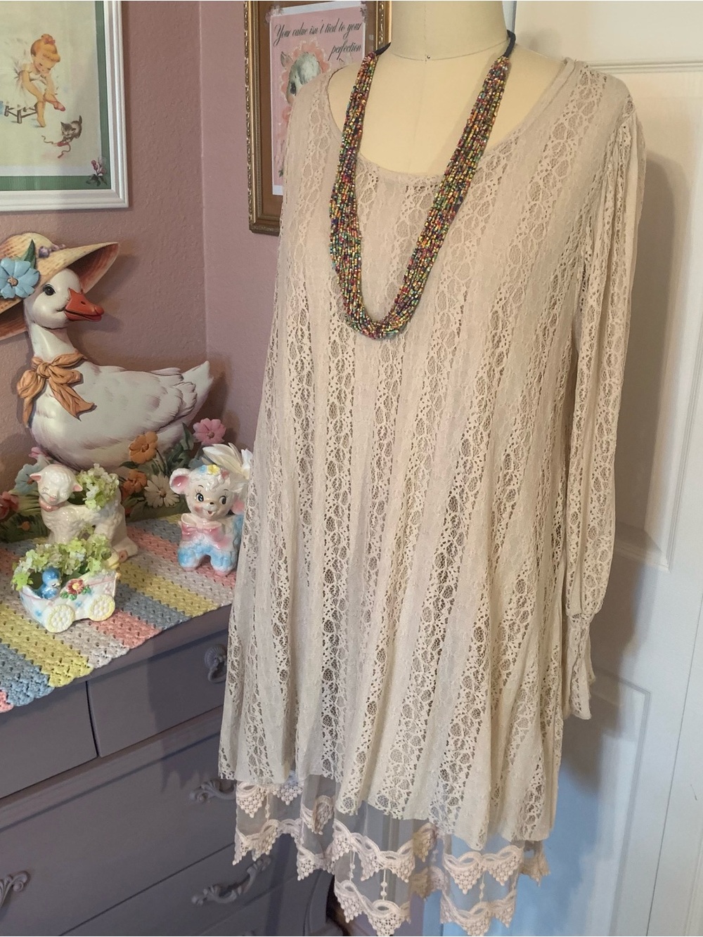 ORIGAMI Boho Stretch Lace Swing Tunic Top - Cream